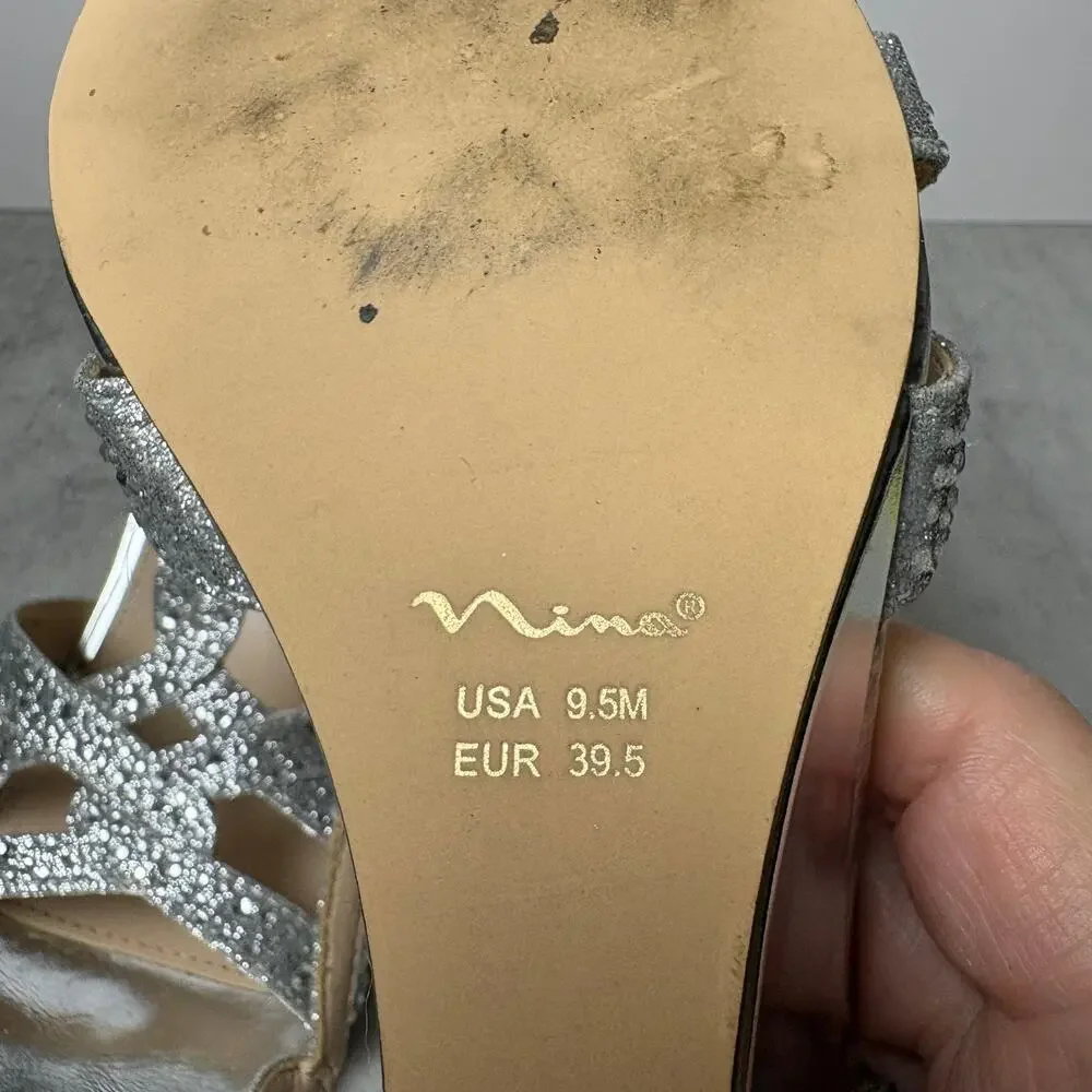 Nina Vanida Wedge Strappy Silver Glitter Rhinestone Dress Sandal Women's 9.5 - Picture 11 of 12